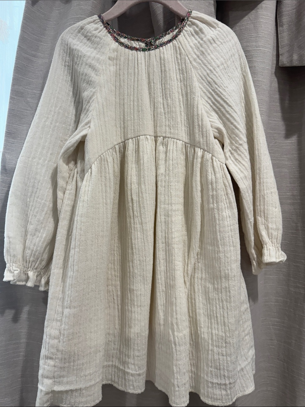 Zara Cream Long-Sleeve Cotton Gauze Dress with Floral Trim